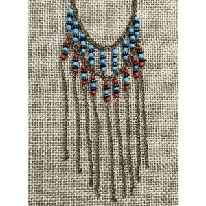 Blue Red Seed Bead Bronze Tone Fringed Necklace Southwest Style Estate Find